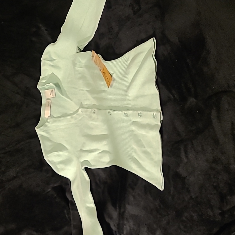 WAS $48. KERSH  Powder Green 3/4 Sleeve Buttondown  Sweater Ribbed Wi